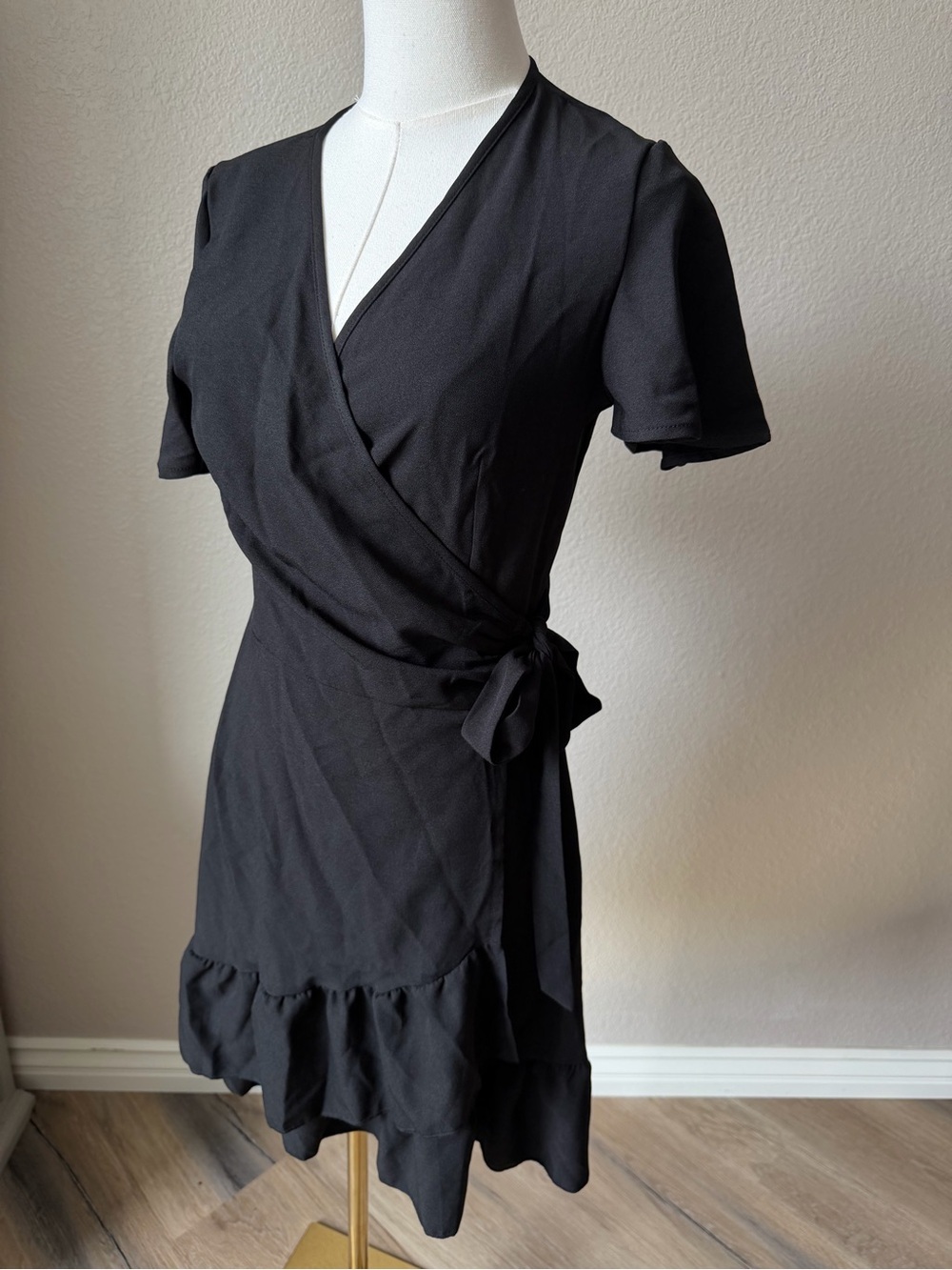 NWT Black Wrap Mini Dress with Flutter Sleeves and Tie Waist, Small - Picture 5 of 9